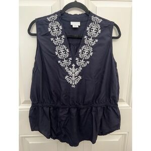 Liz Claiborne Navy Blue Embroidered Peplum Top Sleeveless V-Neck Blouse XL